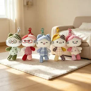 Cute Patchwork Cat Plush Toy Pendant Cartoon Kitten Fabric Keychain Bag Ornament Stuffed Animal Doll For Girls Youth Gift