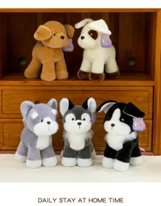 Cute collection of five assorted plush puppy toys displayed on a wooden shelf indoors