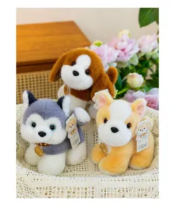 Three adorable soft standing Husky and puppy plush toys arranged in a cozy woven basket