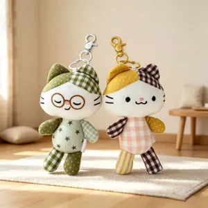 Cute plush cat keychain doll, soft fabric cartoon bag charm for women and kids daily use.
