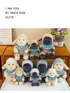 Collection of cute curly sheep plush toys with blue bibs in different sizes and colors