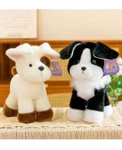 Detailed close-up of two adorable puppy plush toys in black, white, and brown fur