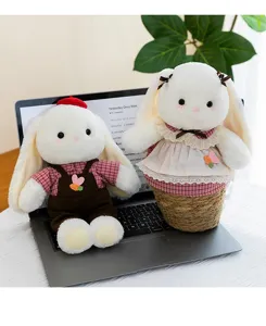 Couple of white long-eared bunny plush toys in cute outfits displayed on a laptop.