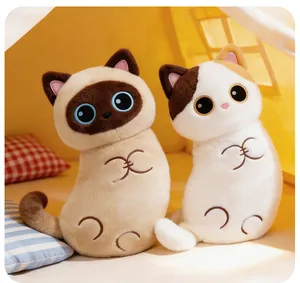 Macro view of two cute cat plushies with big eyes sitting inside a cozy fabric play tent