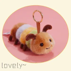 Detailed view of a multi-colored plush caterpillar keychain with soft fur texture.