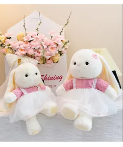 Detail of two white plush bunnies in pink checkered dresses with soft floral background