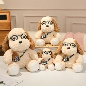 Cute Camera Dog Plush Toy Soft Stuffed Puppy Doll With Glasses Smile Strap For Kids Birthday Gift Home Decoration