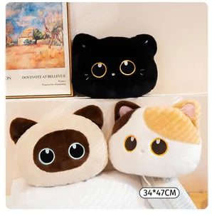 Detailed view of three soft plush cat head pillows in different colors, size 34x47cm