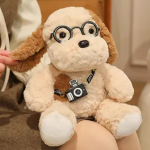 Cute cartoon plush puppy toy wearing black glasses and camera for children's gift