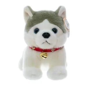 Lindo peluche de husky con collar rojo y cascabel, perro de peluche suave para regalo