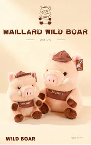 Maillard style wild boar plush toy featuring two sizes with brown hats and scarves.