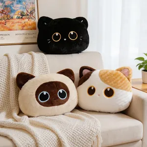 Collection of three cute cat plush pillows in black, siamese, and calico patterns on sofa