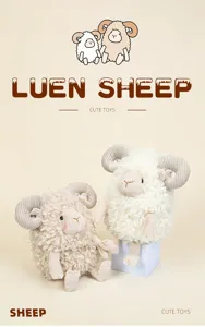 Detailed view of cute curly sheep plush toys in white and beige with soft horns