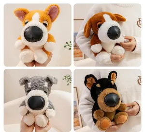 Macro view of four different breeds of cute plush dogs with large black noses