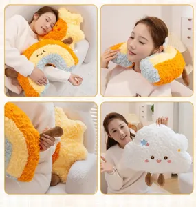 Cute plush cloud and star pillows shown in a cozy home lifestyle usage scene