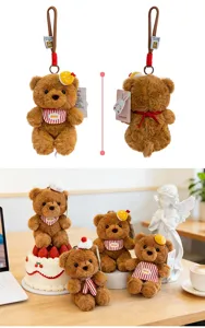 Detailed view of cute brown plush bear keychain with red striped bib and lifestyle setting