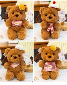 Detailed view of cute brown plush bear keychain variants featuring different hats and scarves