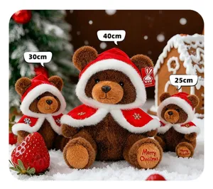 Plush Christmas teddy bears in three sizes wearing red capes on a snowy background