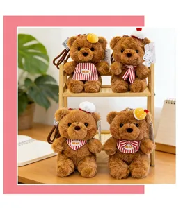 Four adorable plush teddy bear keychains with chef hats and striped aprons