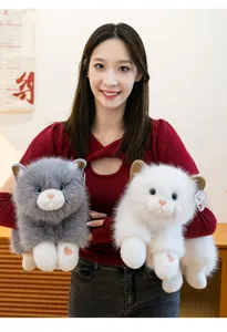 Detailed view of soft plush Ragdoll cat toys held by a model, showing fluffy texture.