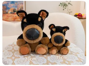 Detail view comparing 23cm and 15cm versions of cute big head black dog plush toys.