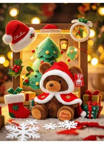 Close-up of a brown Christmas teddy bear wearing a festive red and white cloak