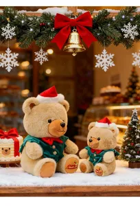 Detail van twee schattige kerstteddyberen in feestelijke outfits in een kerstetalage