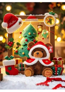 Christmas teddy bear plush toy wearing a festive red shawl in a cozy winter scene