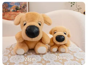 Comparison of 23cm and 15cm cute big head dog plush toys on lace tablecloth