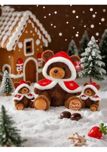 Detailed view of brown Christmas teddy bears in red capes by a gingerbread house.