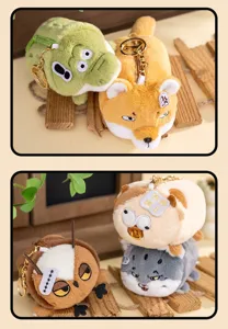 Detailed view of cute plush animal coin purse keychains with funny meme expressions