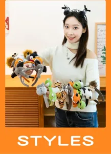 Close-up detail showing a variety of cute plush animal headbands for children and girls