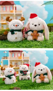 Collezione di peluche natalizi con pupazzo di neve, coniglio e orsetto