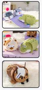 Close-up of cute plush animal coin purses featuring humorous facial expressions and tags