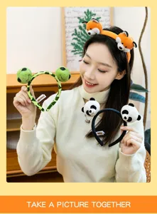 Asian model displaying cute plush animal headbands including panda and fox designs