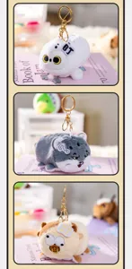 Detail view of three cute plush animal emoji keychains with funny expressions and tags
