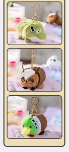 Detail view of various cute plush animal keychains including crocodile, owl and duck.