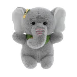 Adorable gray plush elephant toy with a green checkered scarf and yellow bow detail
