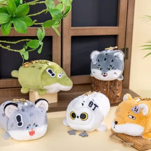 Set of cute animal emoji plush keychains featuring owl, crocodile, and cat characters