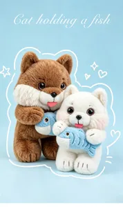 Macro view of cute brown and white plush cat dolls holding blue fish accessories.