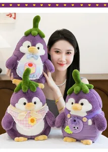 Detail of three cute purple eggplant penguin plush toys held by a model