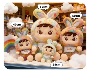 Sammlung von vier Regenbogen-Hasen-Plüschtieren in Größen von 25 cm bis 65 cm
