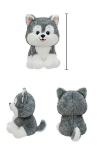 Three-angle view of a cute grey and white husky plush toy against white background