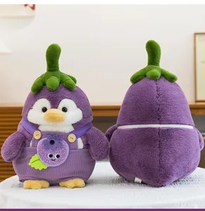 Front and back views of cute purple eggplant penguin plush toy with soft texture