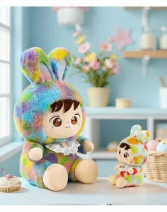 Große und kleine Regenbogen-Plüschkaninchen-Babypuppen mit süßen Spitzenlätzchen