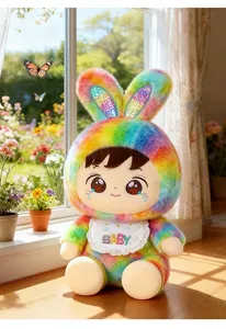 Süße Regenbogen-Hasenpuppe mit weißem Lätzchen an einem sonnigen Fensterplatz