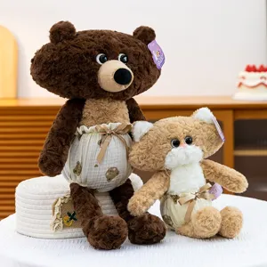 Cute pajama series plush bear and cat dolls wearing ruffled pants for children's soothing.