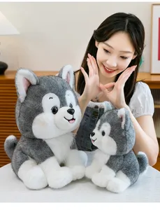 Lifelike husky dog plush toy set featuring a smiling model in a warm and cozy home setting