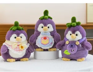 Detailed view of three cute purple eggplant penguin plush toys in various outfits.