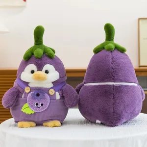 Soft and adorable purple eggplant penguin plush toy showing both front and back views